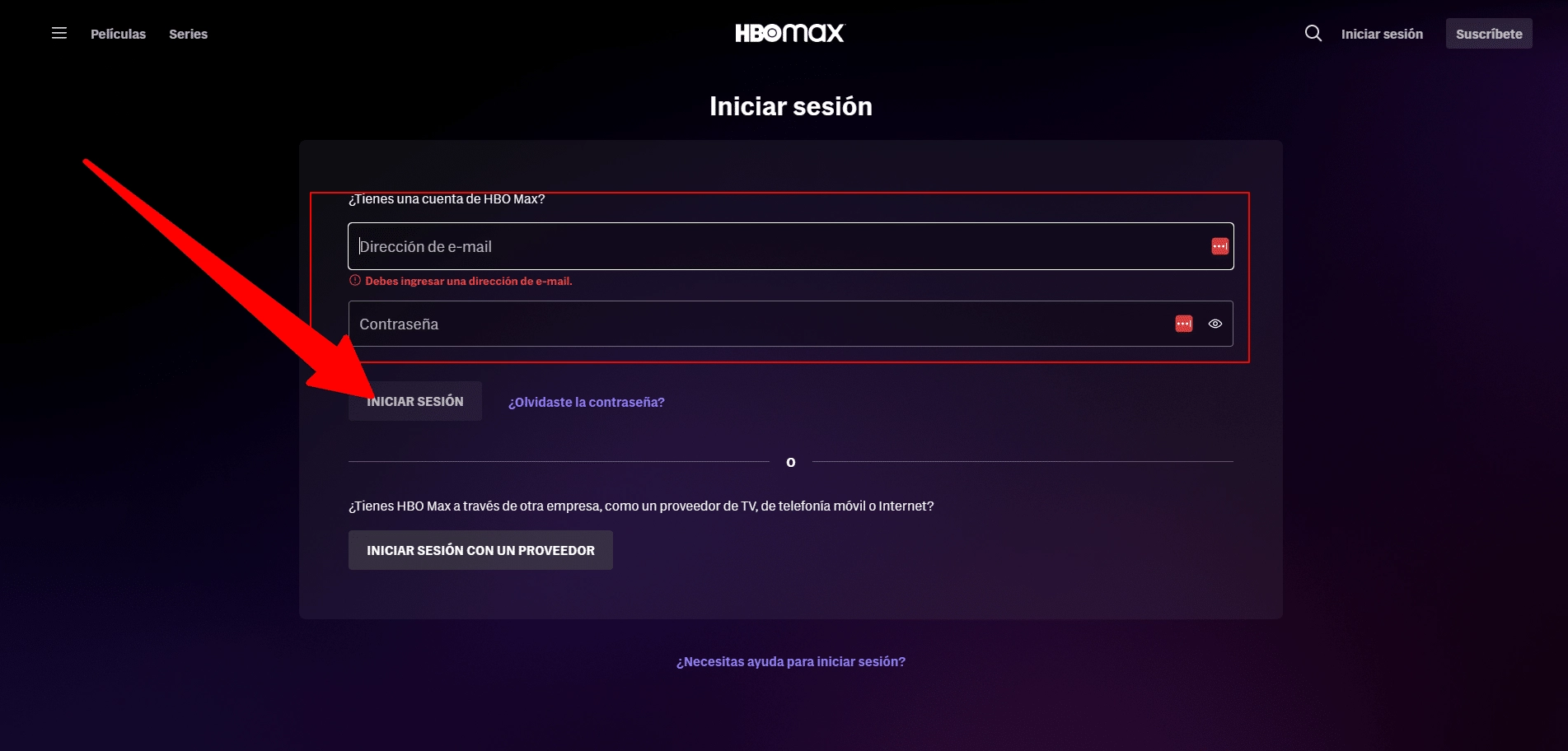 Página de inicio de sesión de HBO Max