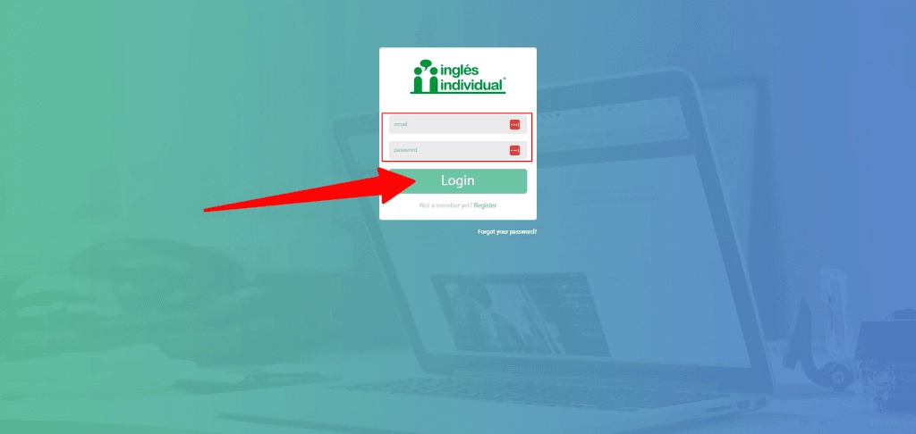 Pantalla de inicio de sesión de la plataforma de aprendizaje de inglés Individual, mostrando campos para ingresar correo electrónico y contraseña, con un botón de inicio de sesión resaltado en verde.