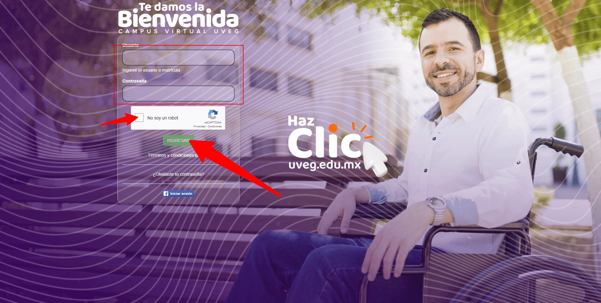 Pantalla de inicio de sesión del Campus Virtual UVEG