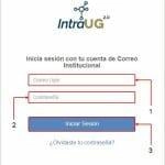 Pantalla de inicio de sesión de IntraUG 2.0, donde los usuarios pueden ingresar su correo institucional y contraseña. Incluye un botón para iniciar sesión y un enlace para recuperar la contraseña.