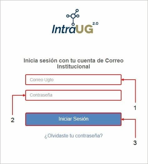 Pantalla de inicio de sesión de IntraUG 2.0, donde los usuarios pueden ingresar su correo institucional y contraseña. Incluye un botón para iniciar sesión y un enlace para recuperar la contraseña.