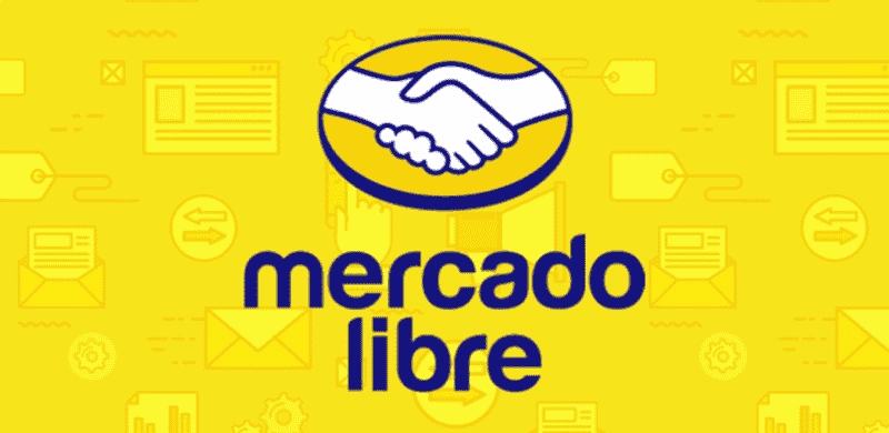 Logo de Mercado Libre con un diseño de fondo amarillo que incluye íconos relacionados con el comercio electrónico, simbolizando la compra y venta en línea.