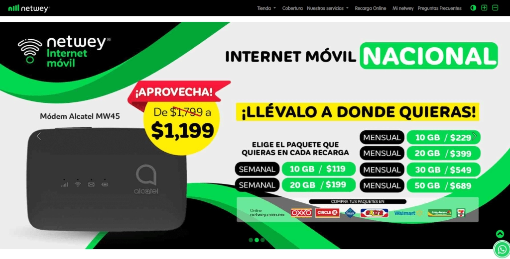 Imagen promocional de netwey que muestra el módem Alcatel MW45 con un precio de $1,199, destacando una oferta inicial de $1,799. La imagen también presenta diferentes paquetes de internet móvil disponibles, con opciones semanales y mensuales que incluyen 10 GB, 20 GB, 30 GB y 50 GB, junto con sus respectivos precios.