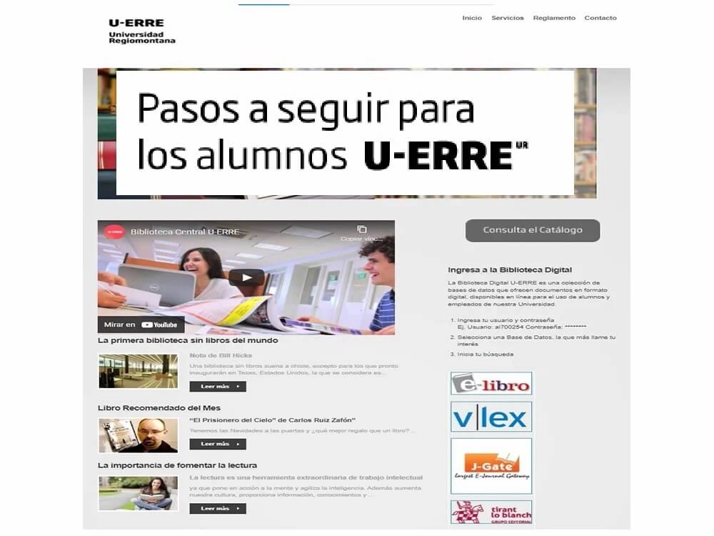Página web de la Universidad Regional U-ERRE con información sobre la Biblioteca Digital, incluyendo pasos para el acceso, recomendaciones de libros y recursos disponibles para estudiantes y empleados.