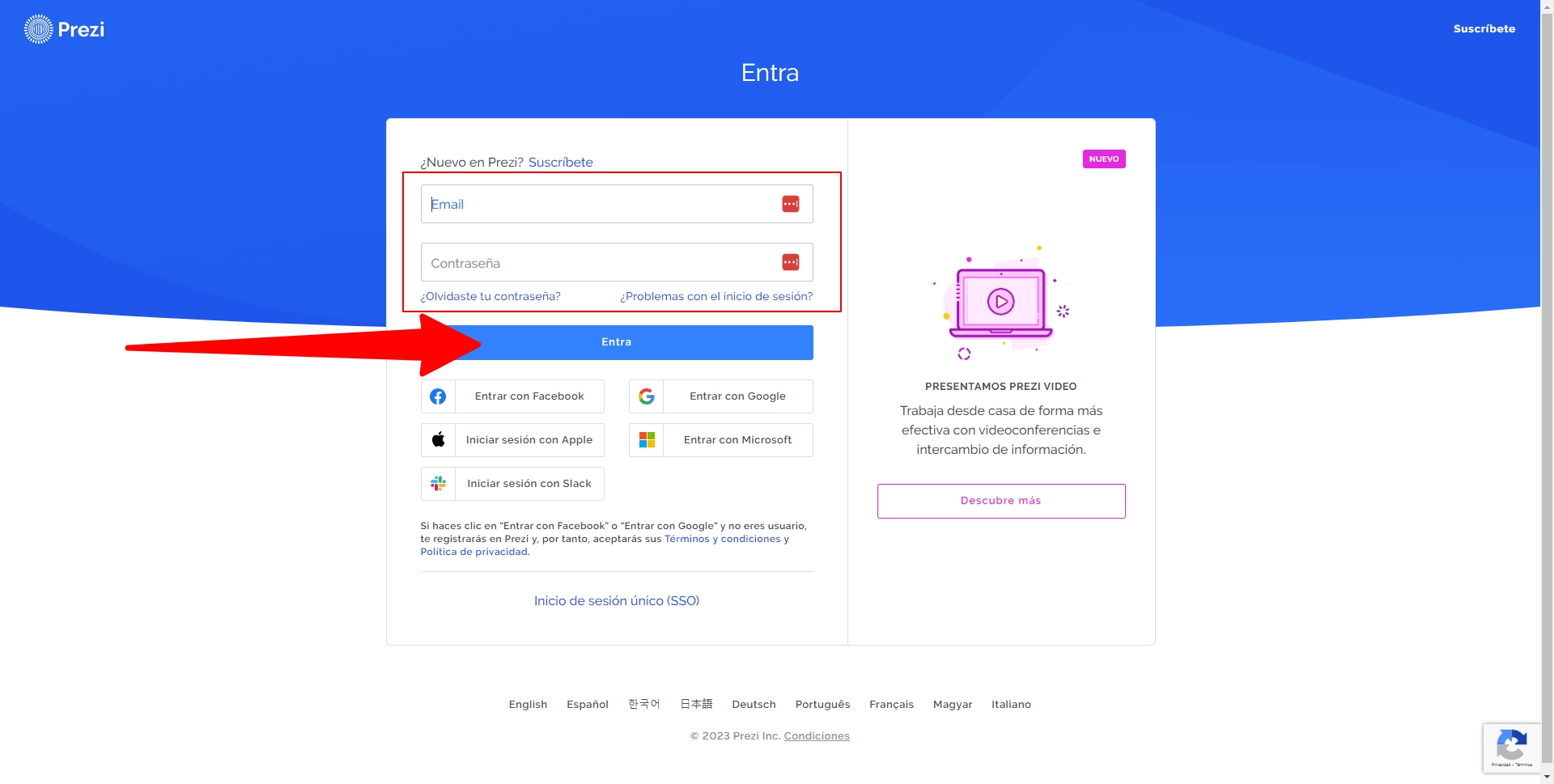 Página de inicio de sesión de Prezi