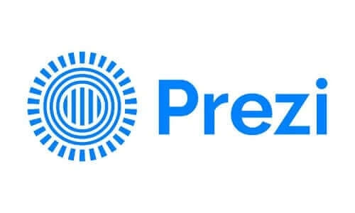 Logo de Prezi, una herramienta de presentación en línea, que combina un diseño circular y tipografía moderna en color azul.