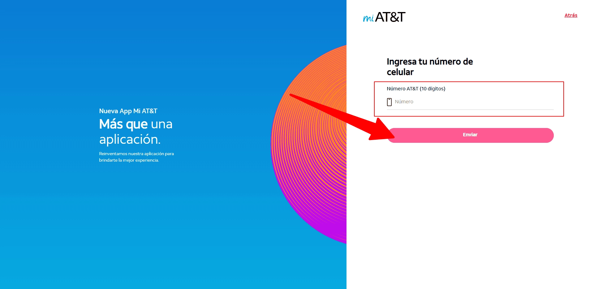 Interfaz de recuperación de contraseña en Mi AT&T