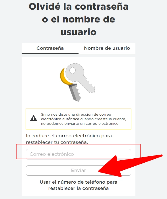 Pantalla de recuperación de contraseña en Roblox