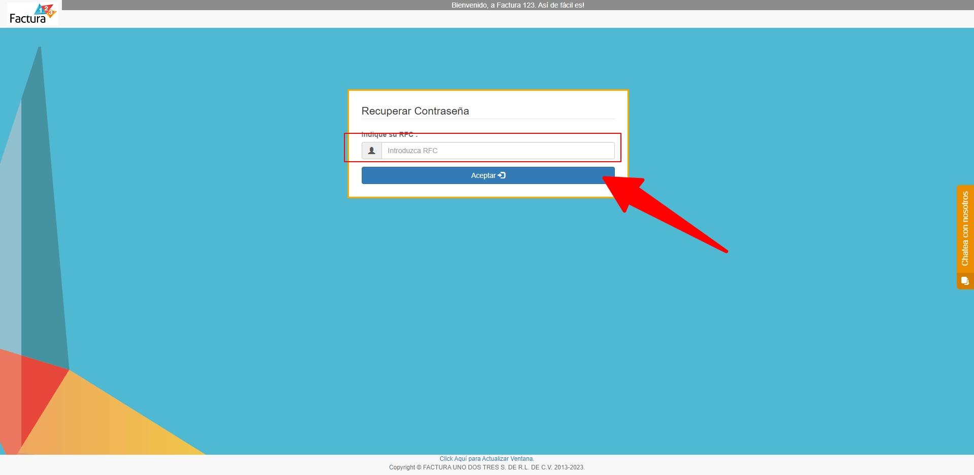 Pantalla de recuperación de contraseña de Factura123.mx