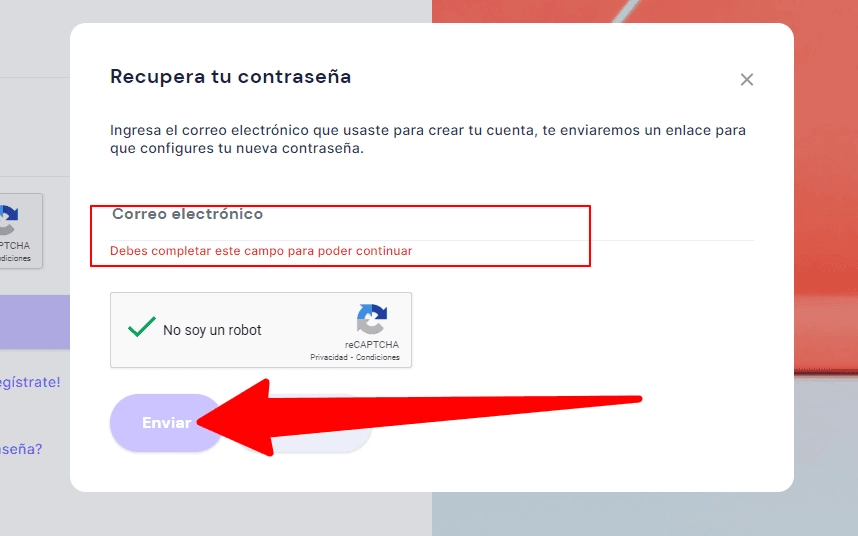 Pantalla de recuperación de contraseña de Kueski Pay