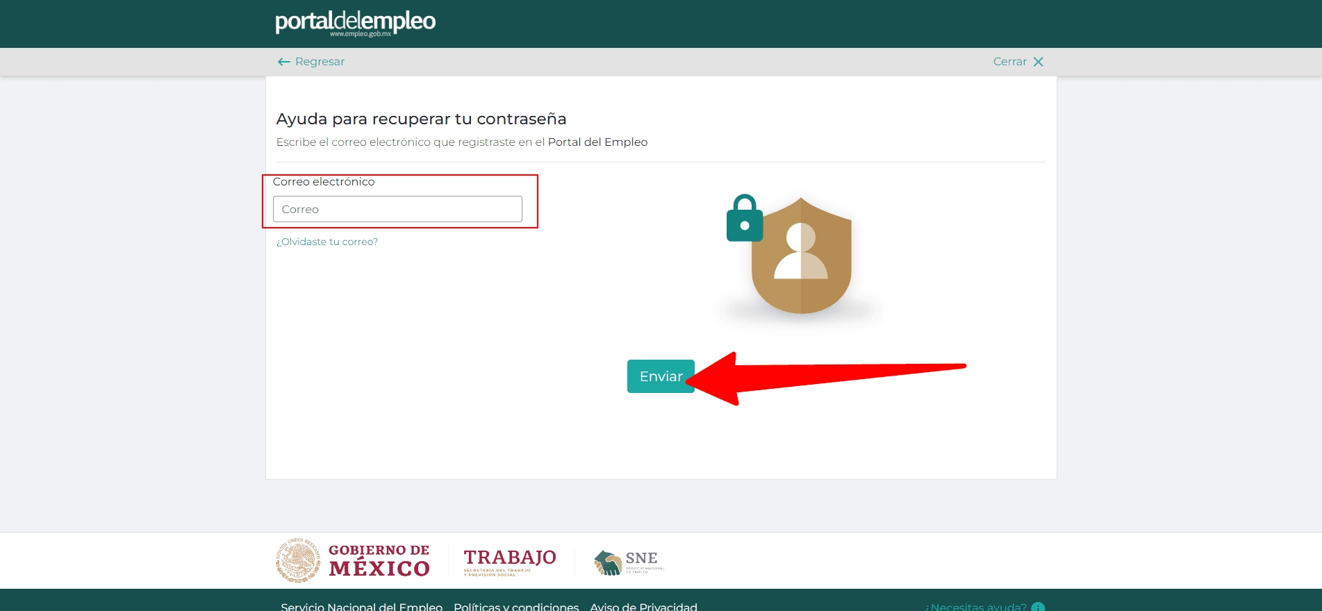 Pantalla de recuperación de contraseña del Portal del Empleo