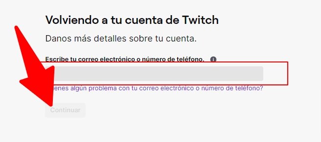 Interfaz de recuperación de cuenta en Twitch
