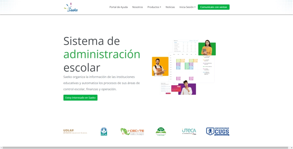 Sistema de administración escolar Saeko que organiza la información de instituciones educativas y automatiza procesos en áreas de control escolar, finanzas y operación, con imágenes de interfaz y usuarios.