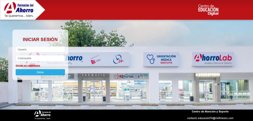 Pantalla de inicio de sesión de Farmacias del Ahorro, mostrando campos para usuario y contraseña, con opciones para recuperar contraseña y un botón de entrada. En el fondo, se observa una farmacia moderna con servicios como análisis clínicos y orientación médica gratuita.