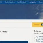 Página web de la UANL que muestra la sección de servicios en línea, incluyendo enlaces relacionados y opciones para compartir en redes sociales. Se observa un diseño moderno con un fondo azul y elementos gráficos destacados.