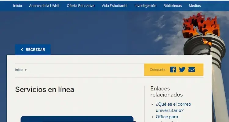 Página web de la UANL que muestra la sección de servicios en línea, incluyendo enlaces relacionados y opciones para compartir en redes sociales. Se observa un diseño moderno con un fondo azul y elementos gráficos destacados.