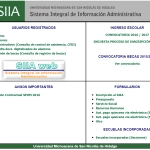Imagen del Sistema Integral de Información Administrativa de la Universidad Michoacana de San Nicolás de Hidalgo, que incluye secciones sobre usuarios registrados, ingreso escolar, avisos importantes, formularios y escuelas incorporadas. Se detalla la información para alumnos, profesores y administrativos, así como convocatorias y requisitos para becas.